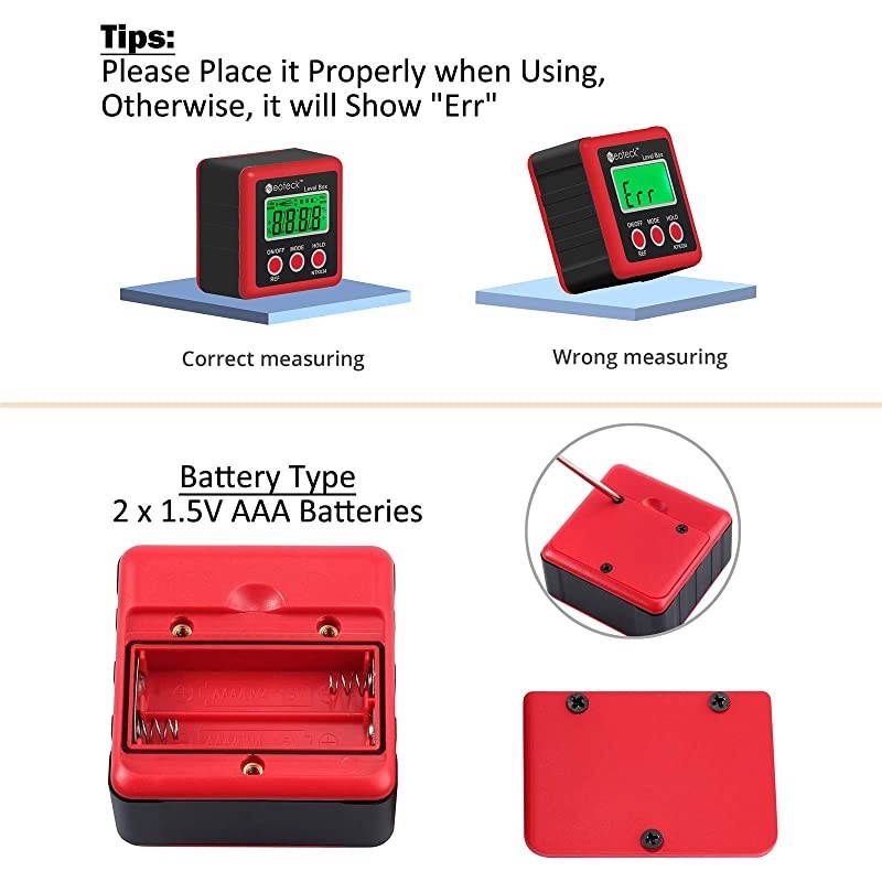Digital Angle Finder, Backlight LCD Digital Angle Gauge Protractor Inclinometer Bevel Box, Magnetic Base, Data Hold, IP54 Dust and Water Resistant- Red