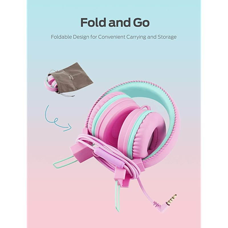 Kids Headphones for School with Microphone - 94dB Volume Control, Wired Headphones for Kids Girls Boys, Adjustable Foldable On-Ear Headphones for Online Learning/iPad/Tablet/Travel, Pink