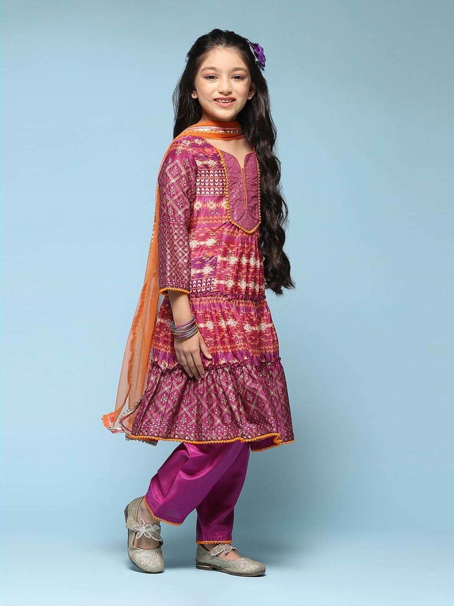 BIBA Girls Kids Purple Cotton Printed Kurta Set