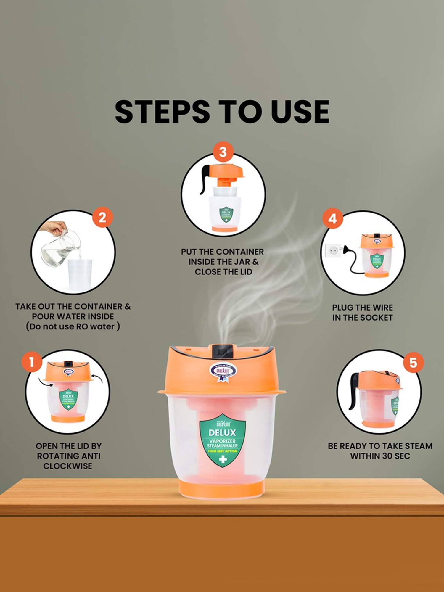 Crescent Delux Facial Steamer Vaporizer for Cold & Cough, Separate Water Storage Container (Orange)