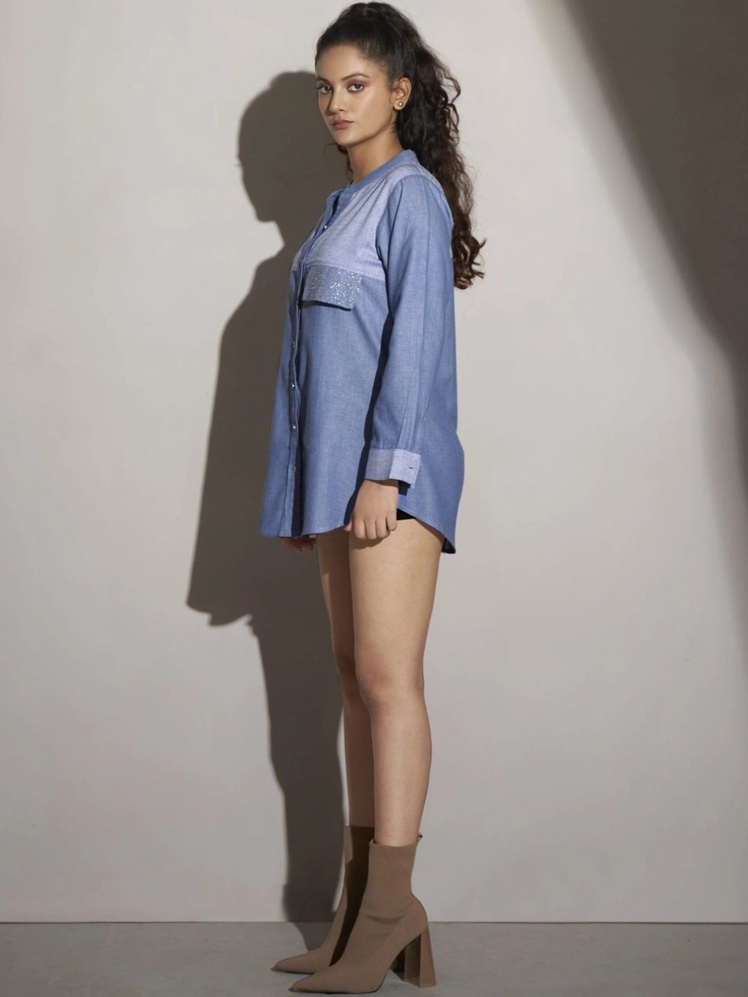 Kaftanize Blue Cotton Doby Print Kameez Shirt with Rhinestone