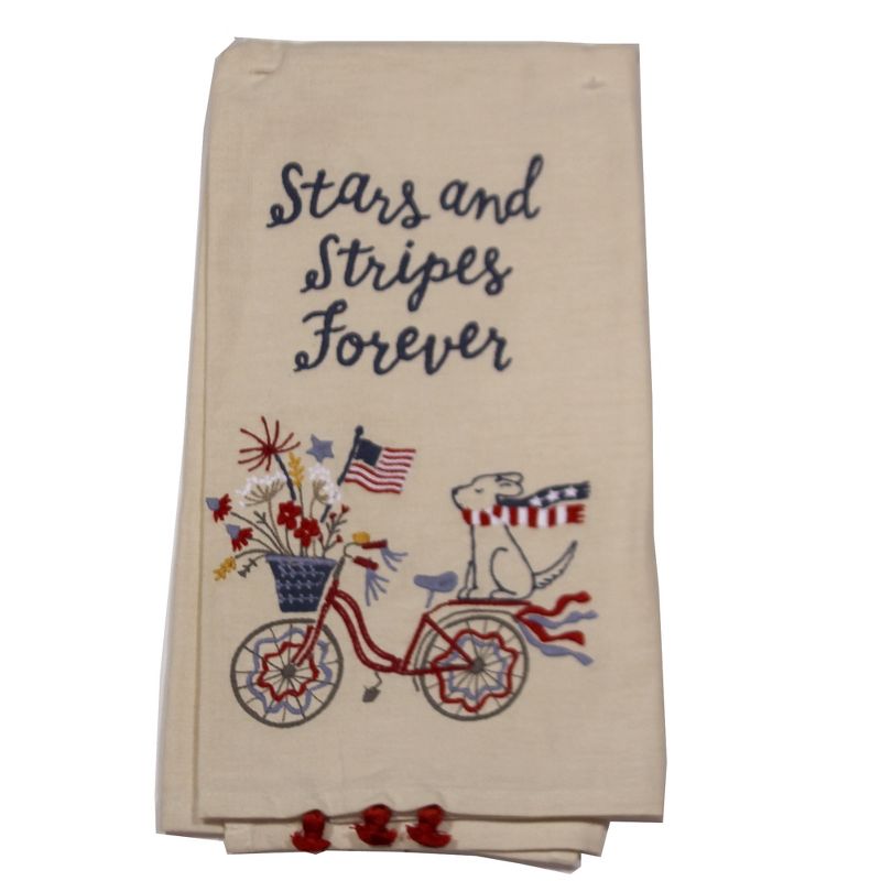 Tabletop 26.0" Stars & Stripes Dish Towel American Flag Bicycle Dog Primitives By Kathy  -  Kitchen Towel