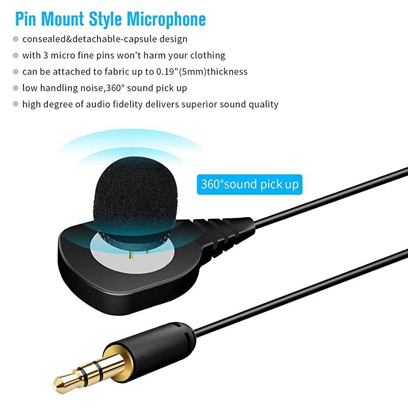 Concealed Lavalier Microphone, Lapel Omnidirectional Condenser Mic with Pin Through Clothing for Minimal Visibility,Connectivity via 3.5mm TRS Plug for DSLRs/Cameras/Camcorders and More