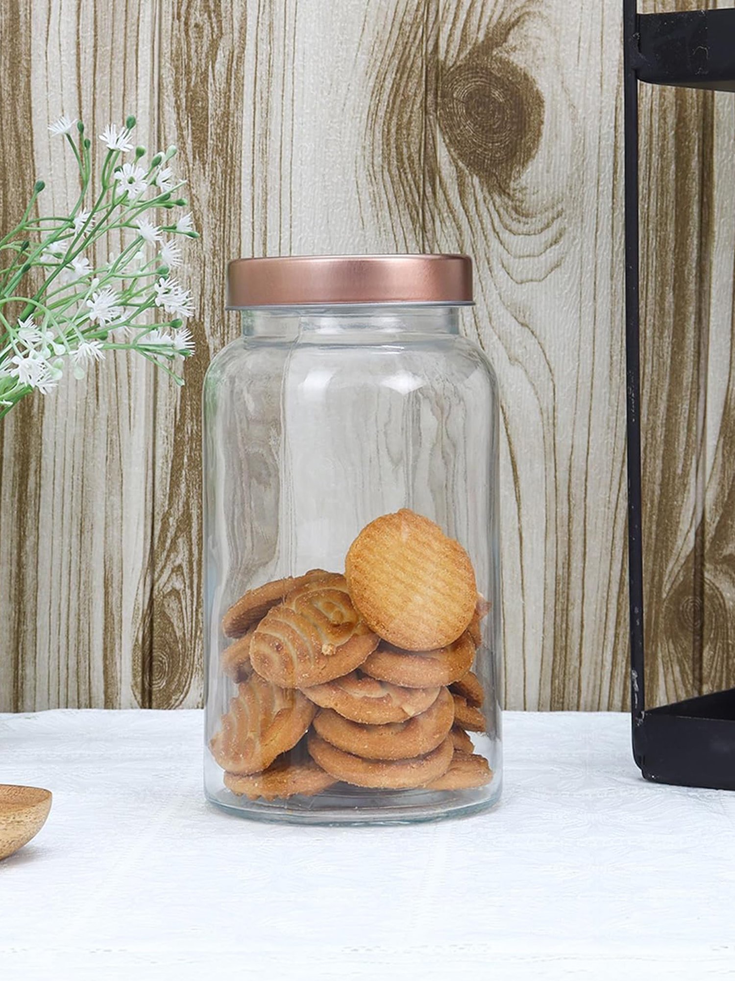 Femora Transparent Glass Storage Jar With Gold Lid (1 L) - Set of 2
