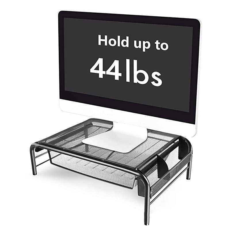 Metal Monitor Stand - Monitor and Printer Desk Riser with Pull Out Storage Drawer and Side Compartment Pockets - Holds up to 44lbs, Black - for Computers, Laptops, Printers (1 Pack)