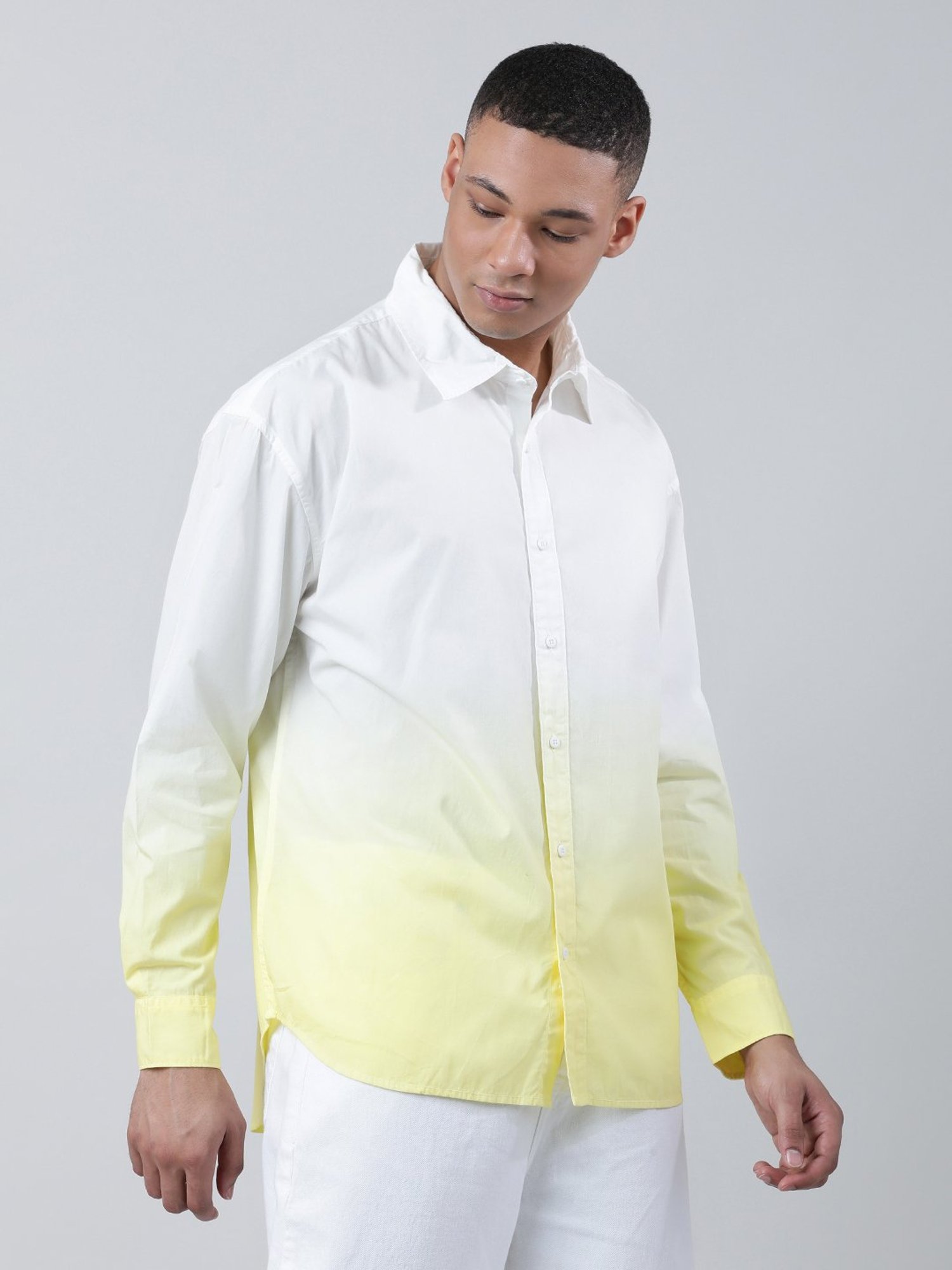 Bene Kleed White & Yellow Loose Fit Ombre Cotton Shirt