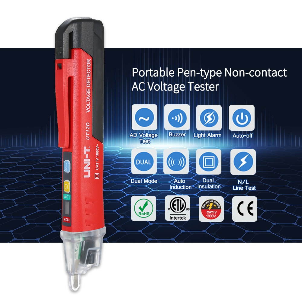 UNI-T Portable Non-contact AC Voltage Tester Pen Shaped V~Alert Detector with Sound and Light Alarm and LED Flashlight
