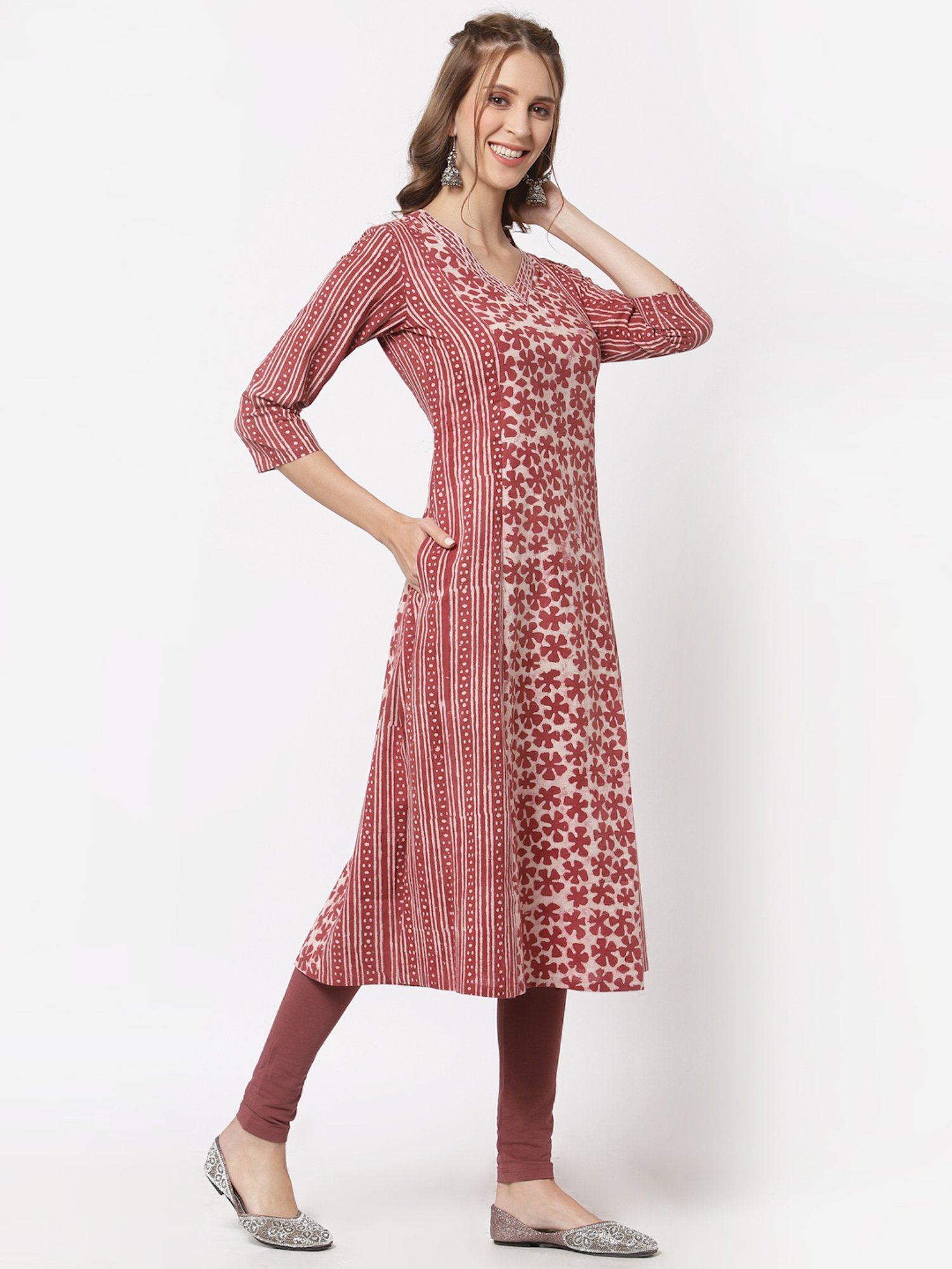 Kami Kubi Maroon & Beige Cotton Floral Print A Line Kurta