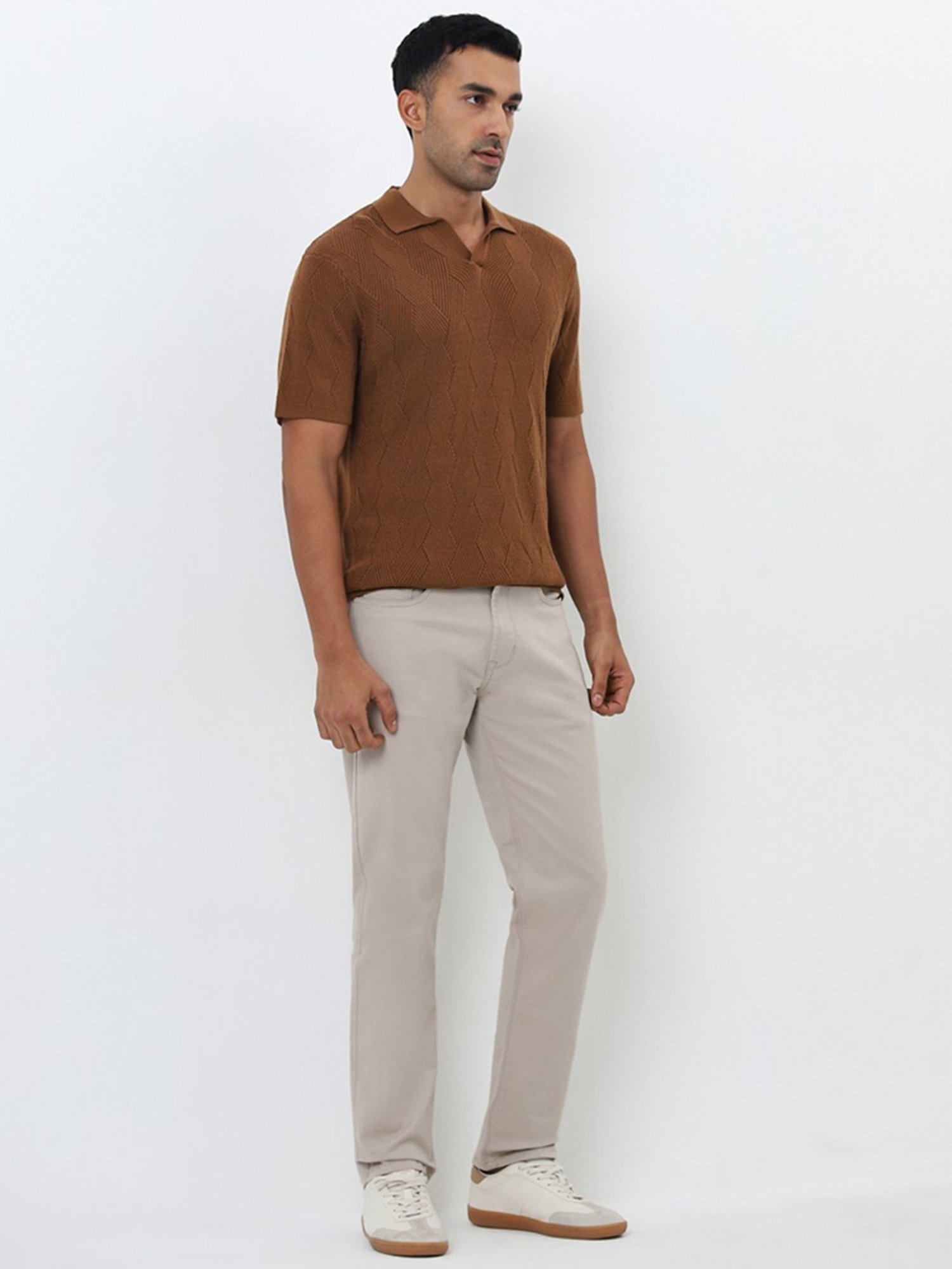 Ascot by Westside Tan Knit-Textured Relaxed-Fit Polo T-Shirt