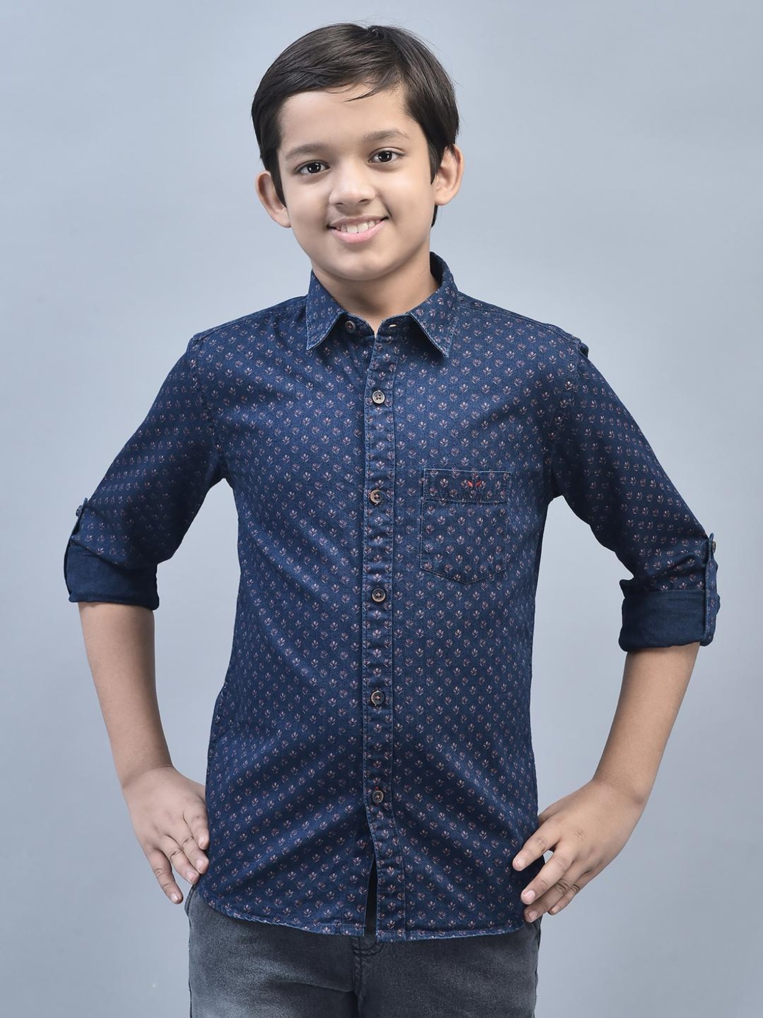 Crimsoune Club Kids Navy Floral Print Full Sleeves Shirt