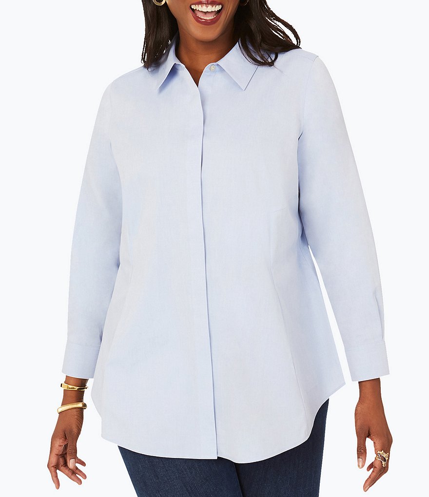 Foxcroft Plus Size Cici Solid Non-Iron Pinpoint Oxford Long Sleeve Point Collar Button Front Tunic