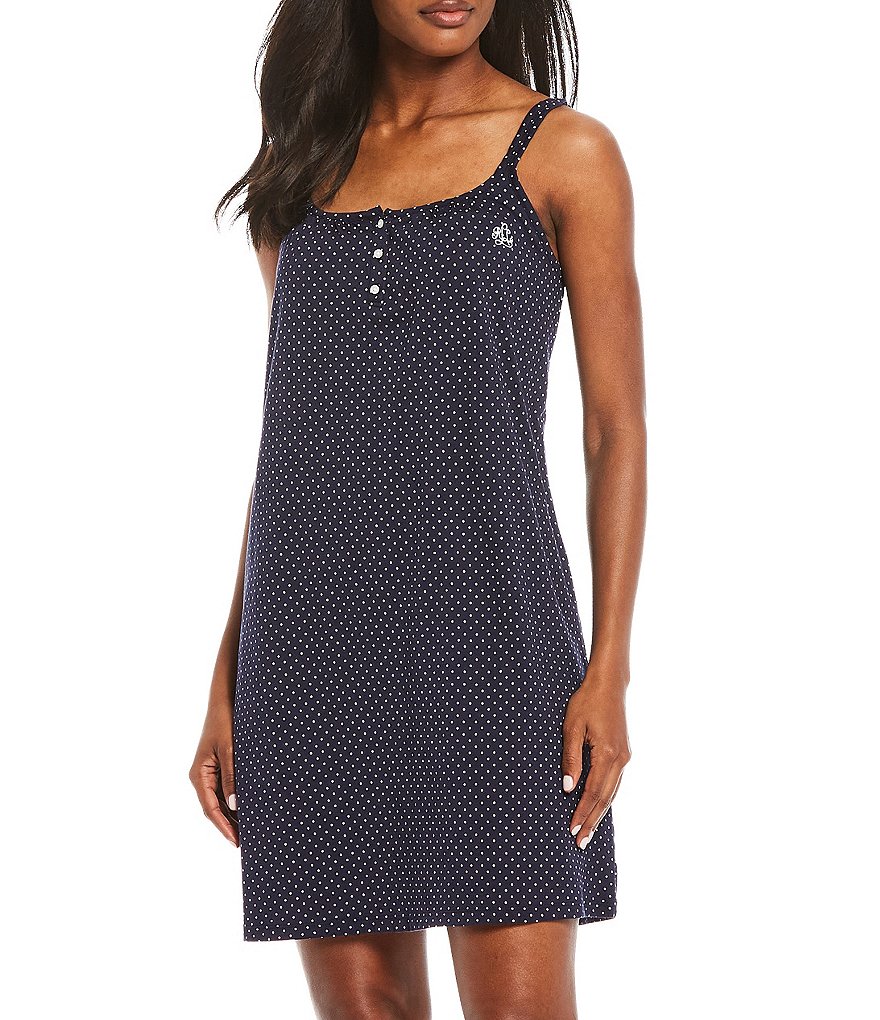 Lauren Ralph Lauren Dot Print Double Strap Sleeveless Knit Nightgown