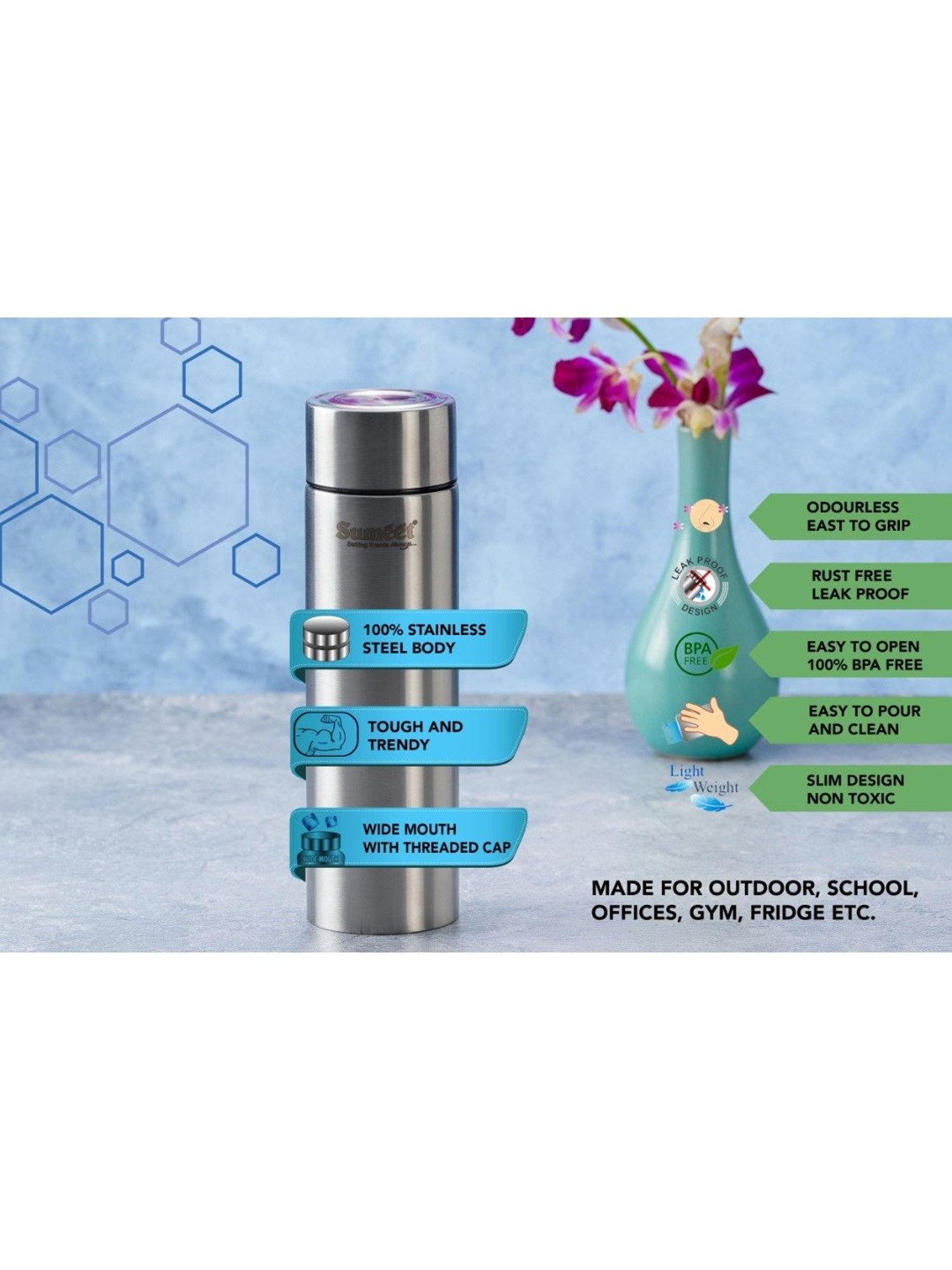 Sumeet H2O-Aqua Stainless Steel Leak Proof  Water Bottle  |1 Litre |Pack of 6| Silver