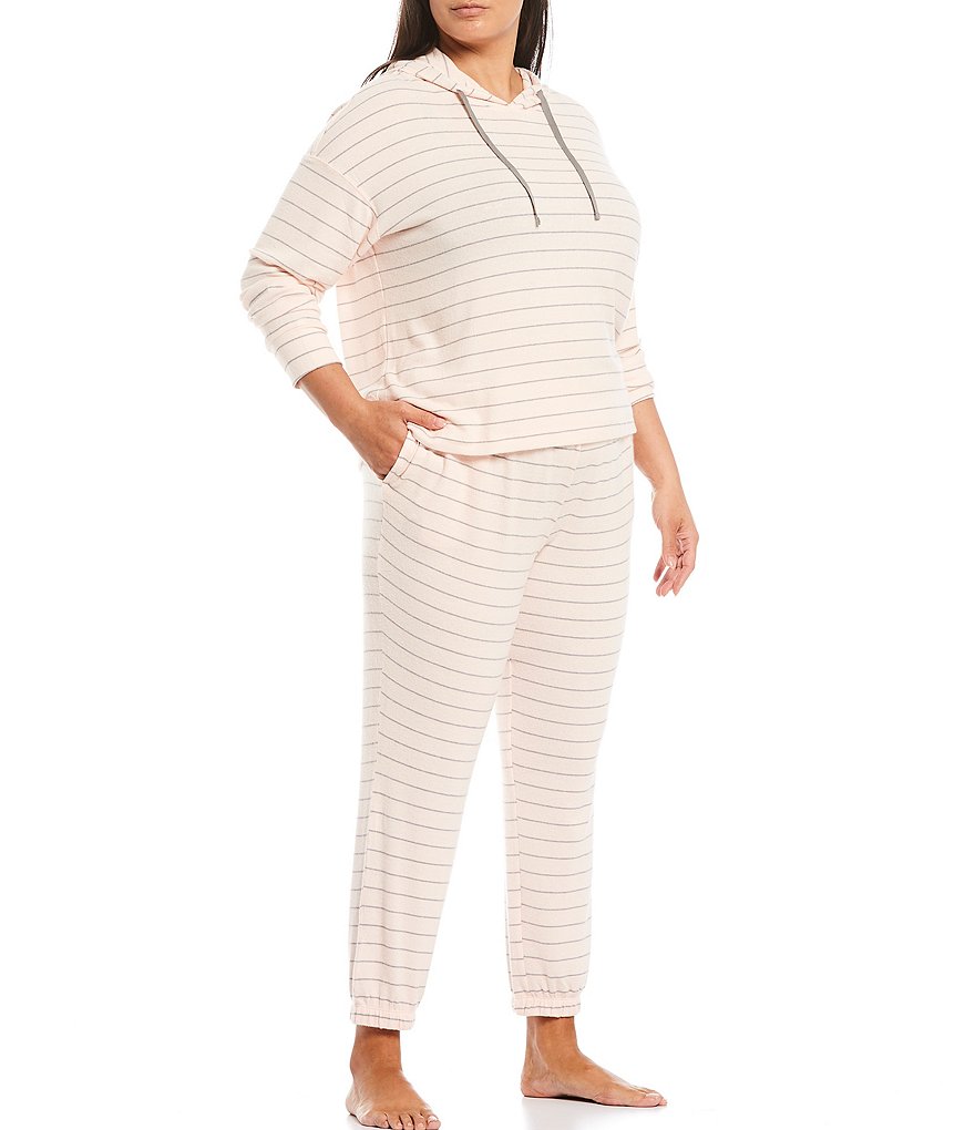 Jasmine & Ginger Plus Striped Print Brushed Knit Hooded Lounge Top