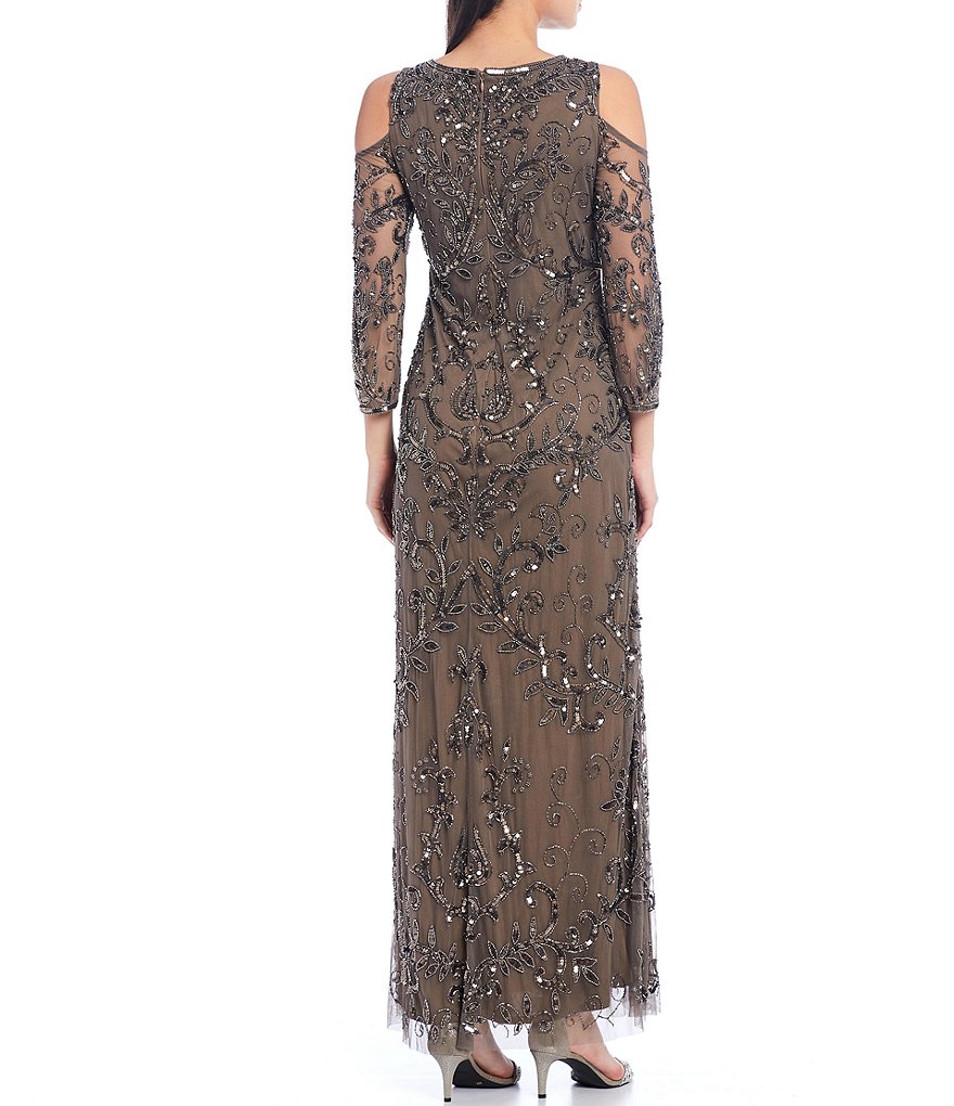 Jkara Petite Size 3/4 Sleeve Lined Illusion Crew Neck Beaded Gown