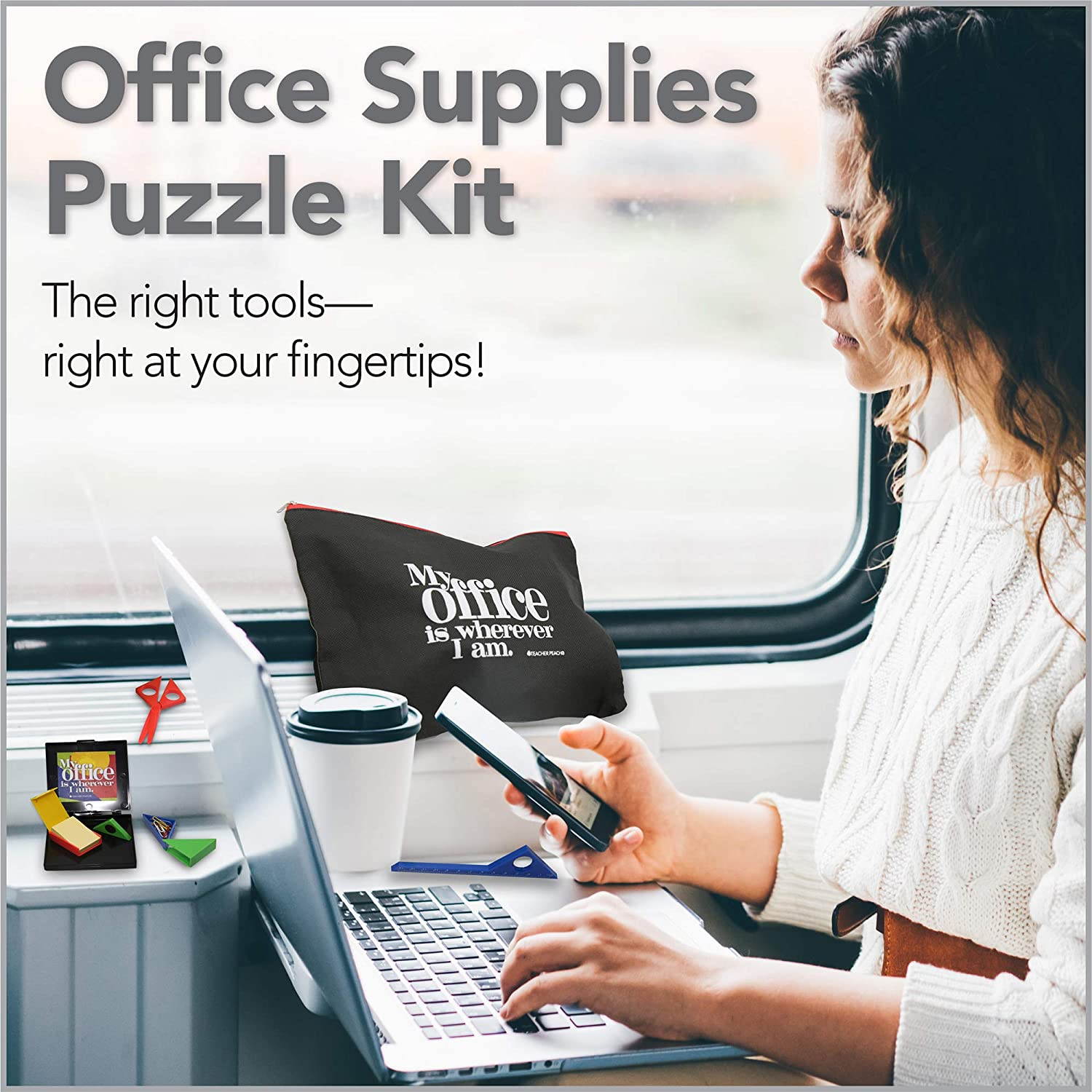 Tangram Puzzle with Colorful Office Supplies and Document Pouch - My Office is Wherever I Am Kit (Black)