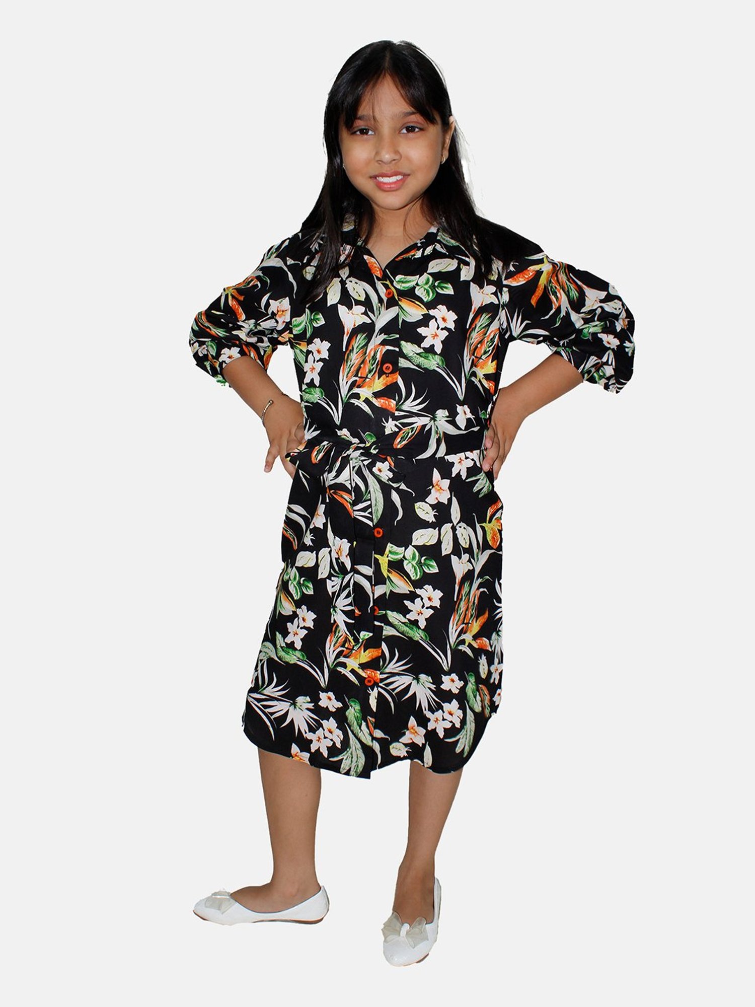 Kiddopanti Kids Black Floral Print Full Sleeves Shirt Dress