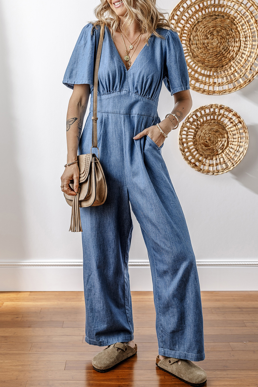 Gray Textured Wide Leg Overall with Pockets