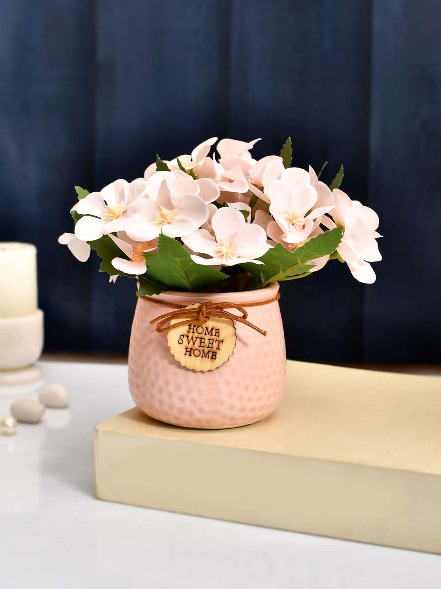 Tayhaa Pink & White Ceramic Artificial Flowers Bunch With Pot