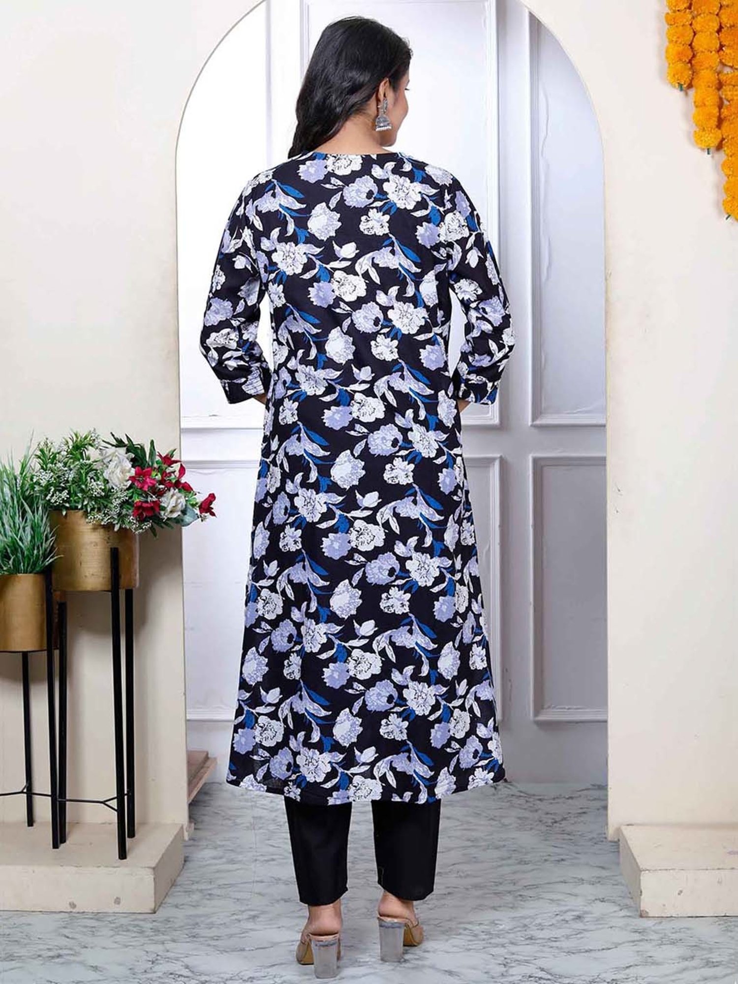 Miravan Black Floral Print Kurta & Palazzo Set