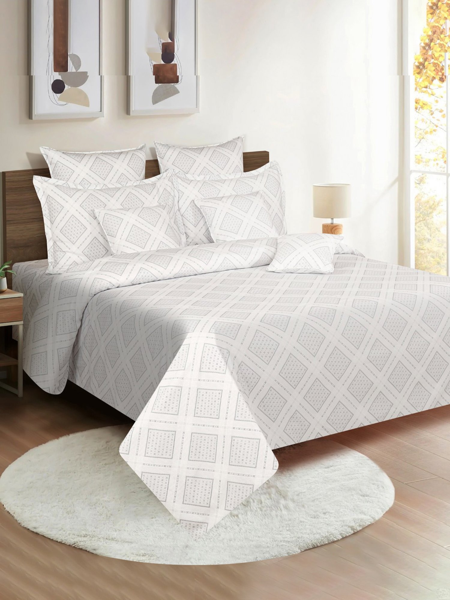 Swayam Dona Abstract Grey 250 TC Cotton King Bedsheet with 2 Pillow Covers