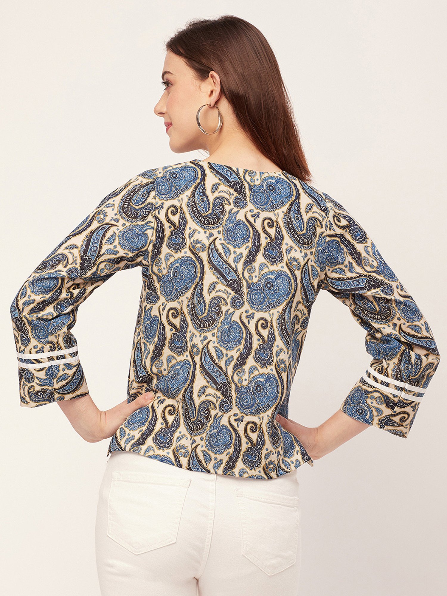Moomaya Cream & Blue Cotton Printed Top