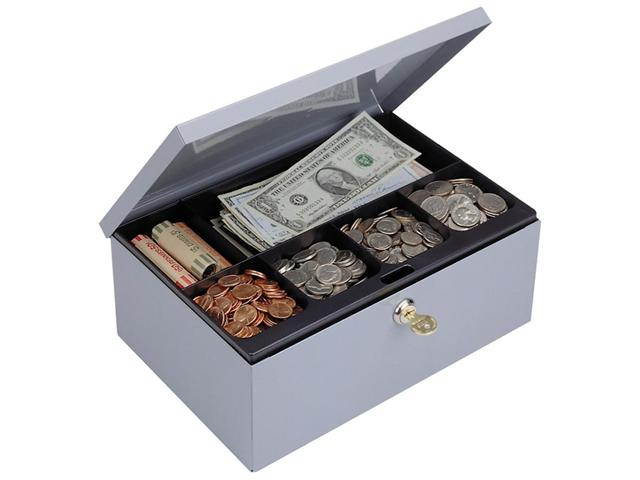 MMF Industries 221618001 Heavy-Duty Steel Low-Profile Cash Box w/6 Compartments, Key Lock, Gray