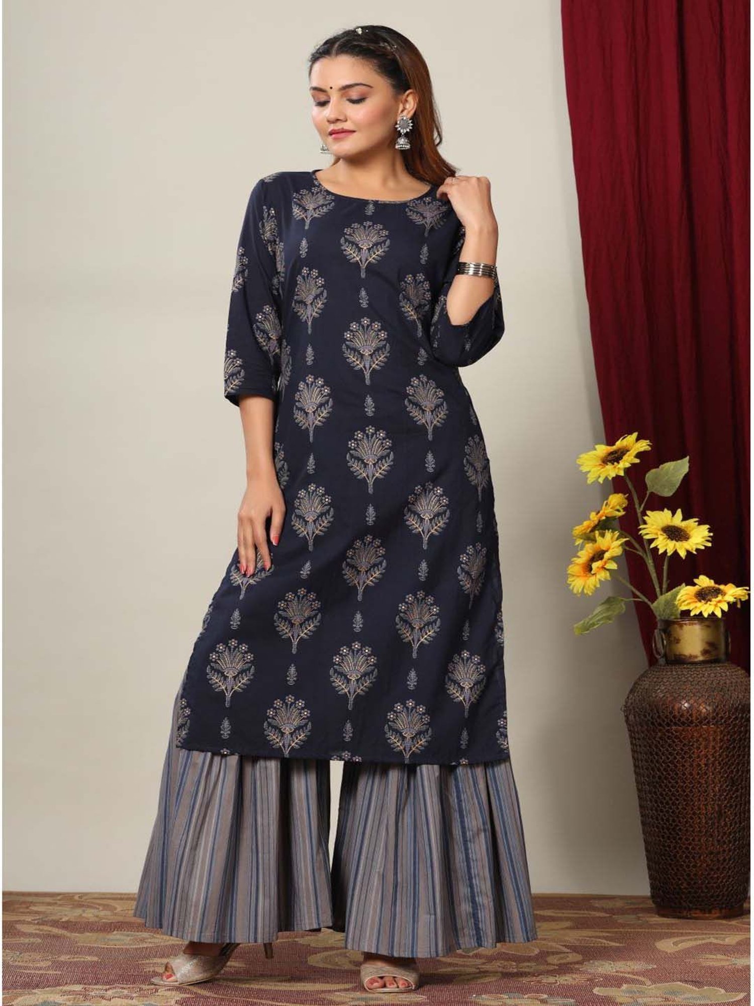 Miravan Blue Cotton Printed Kurta Palazzo Set