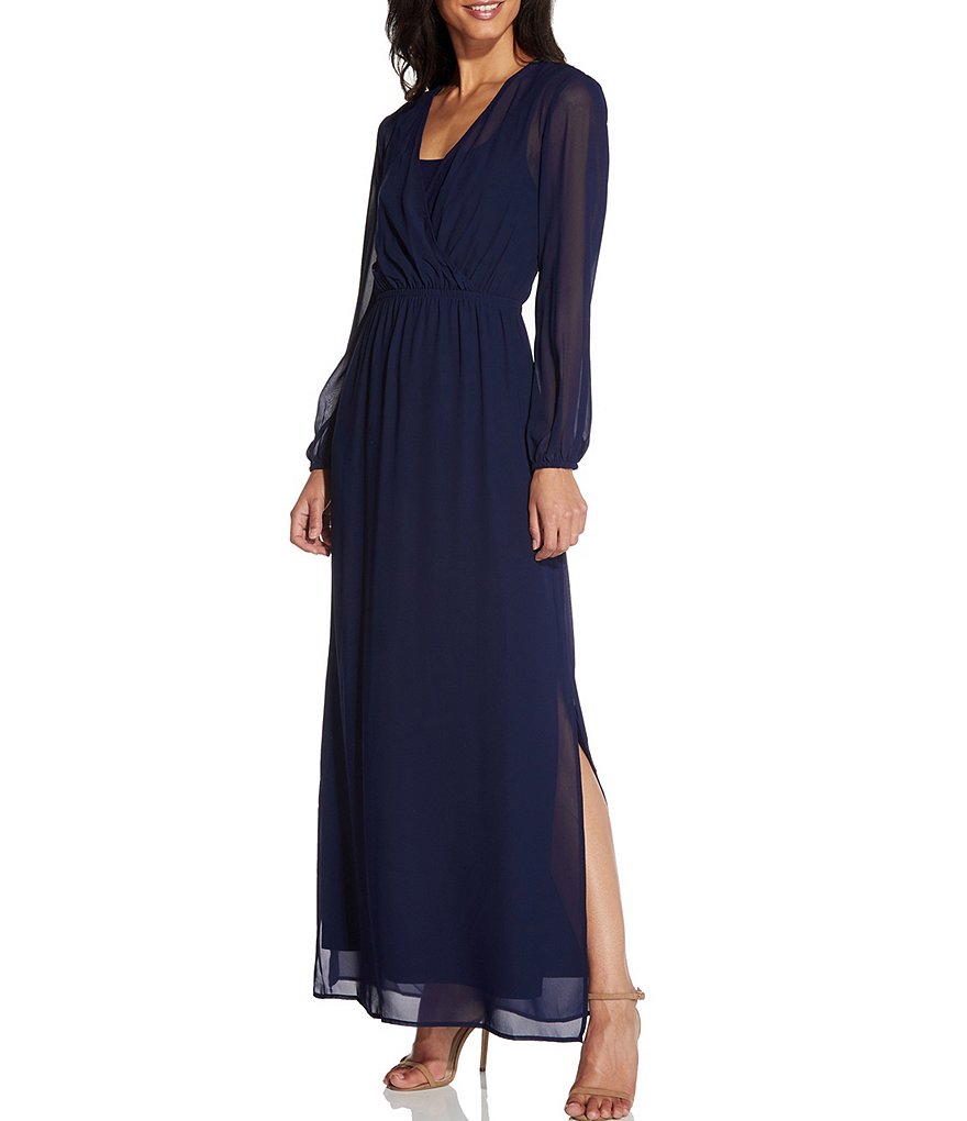 Adrianna Papell Surplice V-Neck Long Sleeve Chiffon Dress