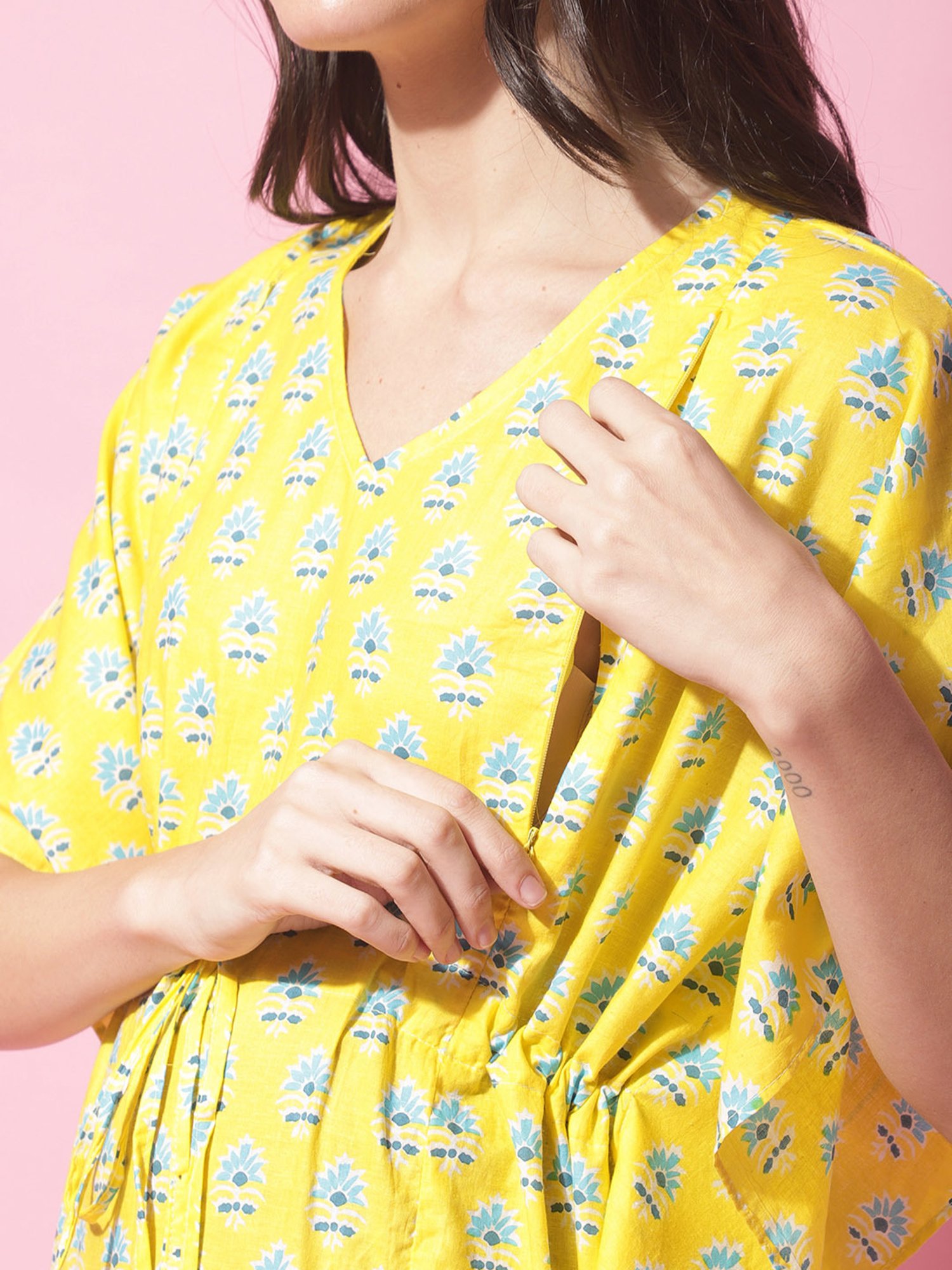 Secret Wish Yellow Printed Maternity Night Dress