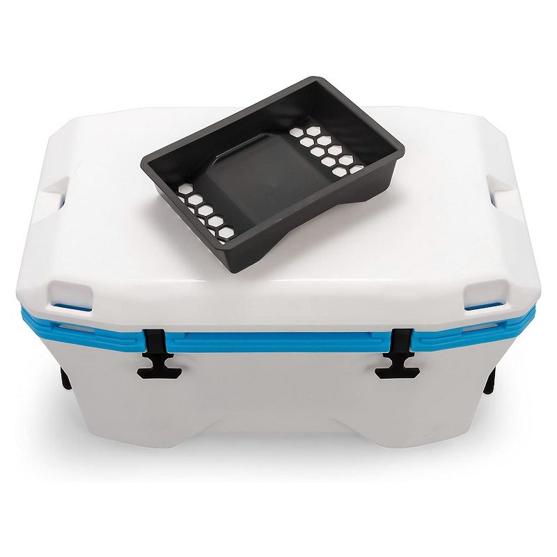 Camco Currituck Outdoor Ice Chest Cooler with Storage Tray and Bottle Opener for Camping, Hunting, Fishing, and Tailgating, 30 Quart, Cyan and White