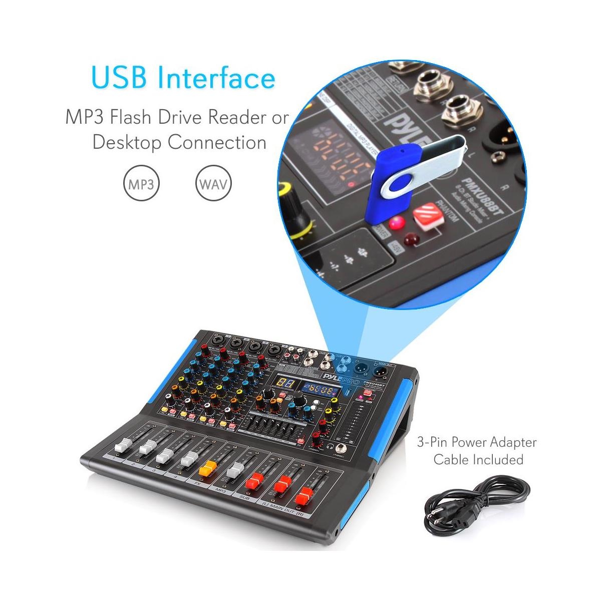 4channel bluetooth studio audio mixer  dj sound controller interface with usb drive for pc recording input, xlr microphone jack, 48v power, input/output for professional and beginners  pmxu46bt