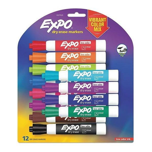 EXPO 1927525 Low Odor Dry Erase Vibrant Color Markers, Assorted Colors, Medium, 12/Set