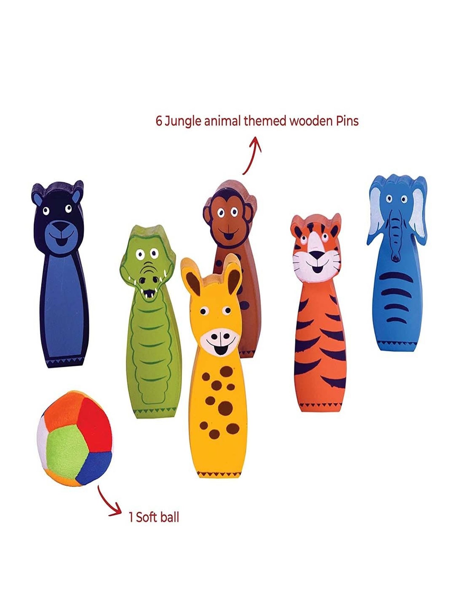 Desi Toys Kids Multicolor Wooden Jungle Bowling Game