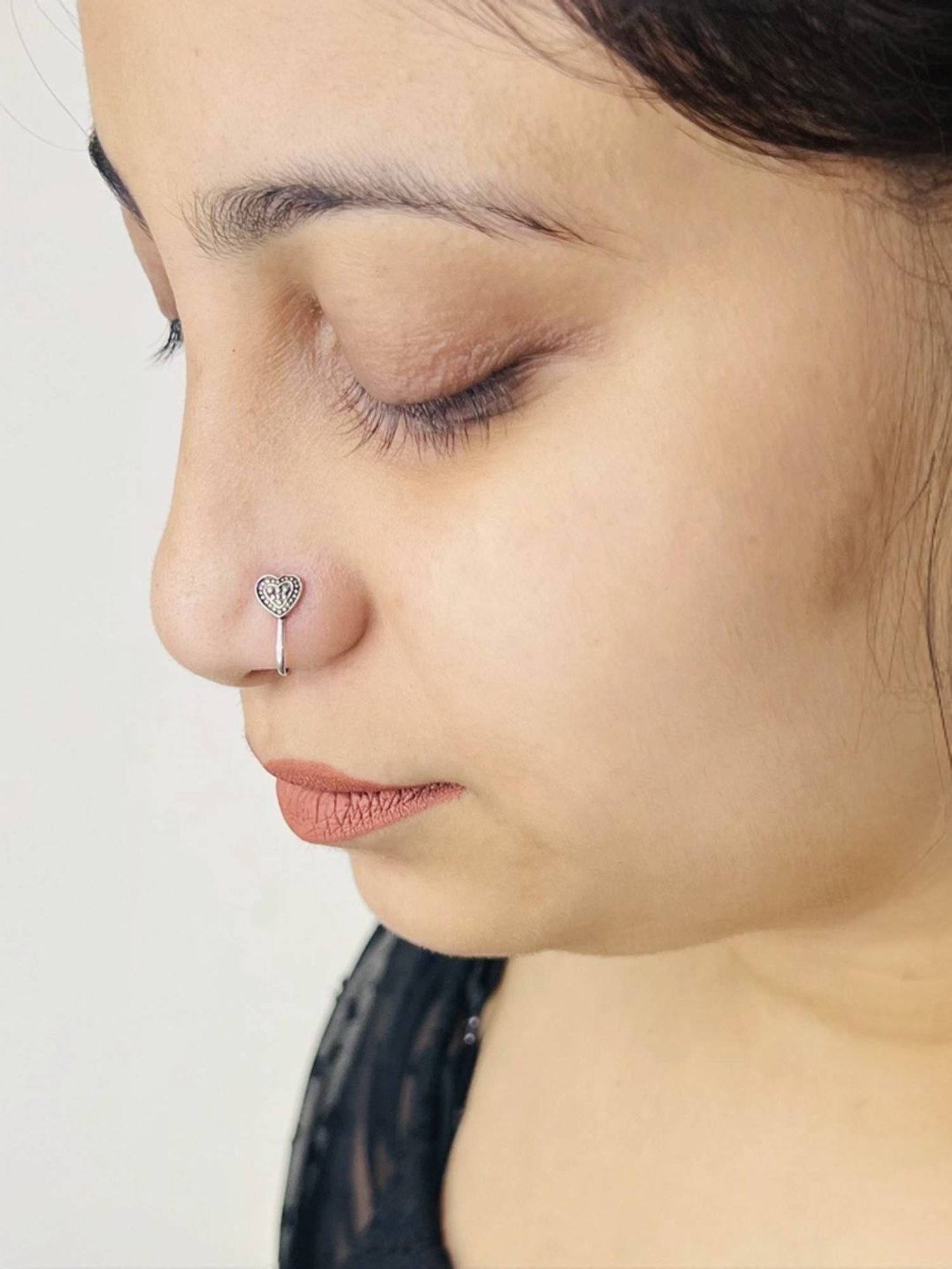 Arte Jewels 925 Sterling Silver Oxidized Heart-shape Clip on Nosepin for Women & Girls