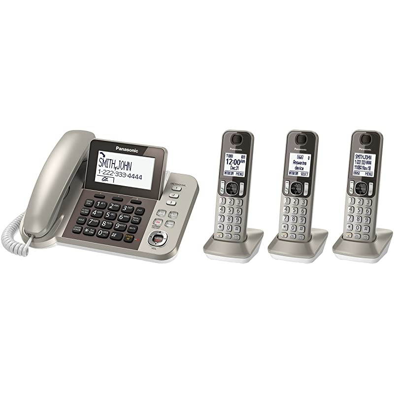 Corded/Cordless Phone System with Answering Machine and One Touch Call Blocking &ndash; 3 Handsets - KX-TGF353N (Champagne Gold)