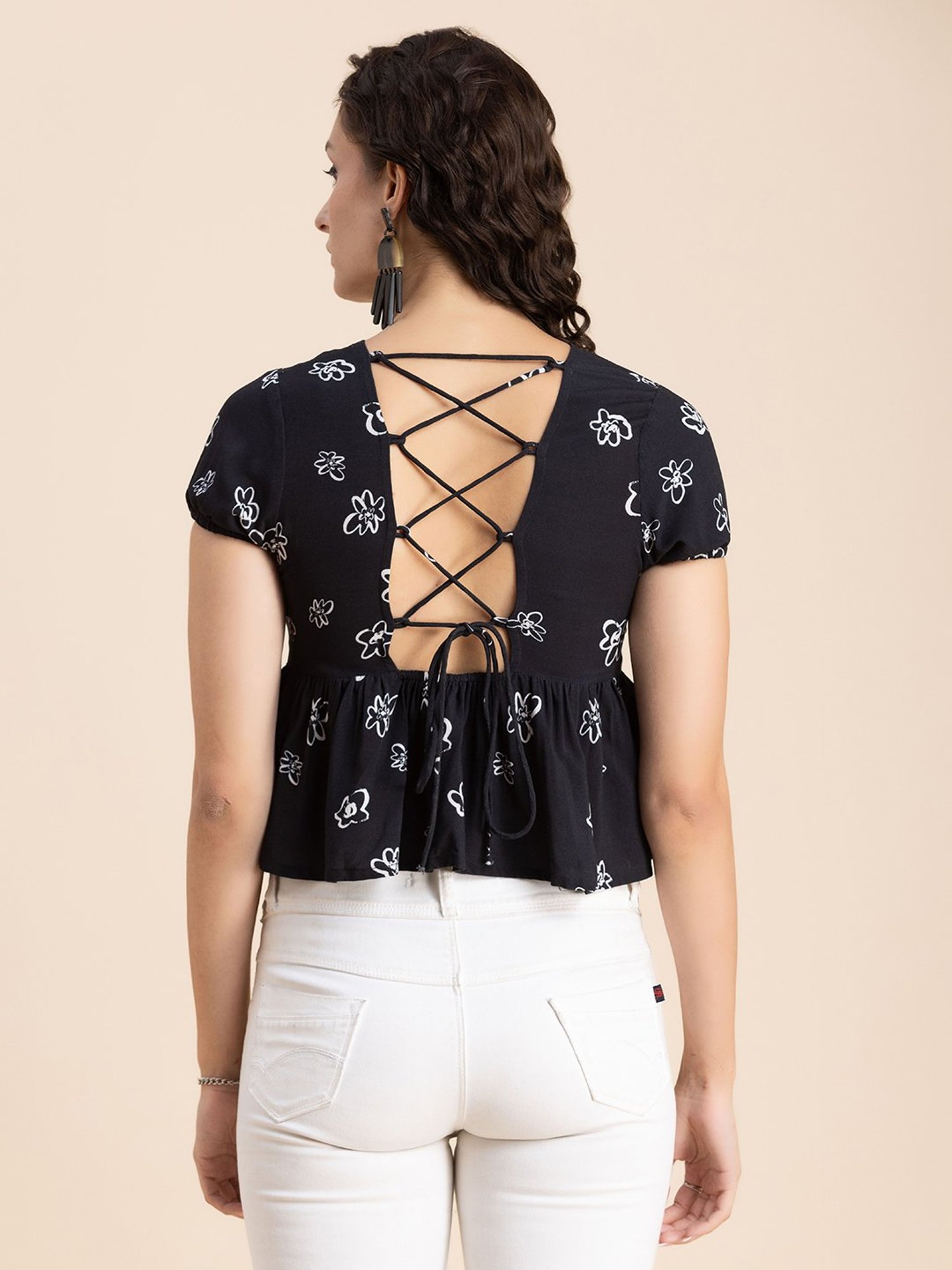 Moomaya Black & White Floral Print Crop Top