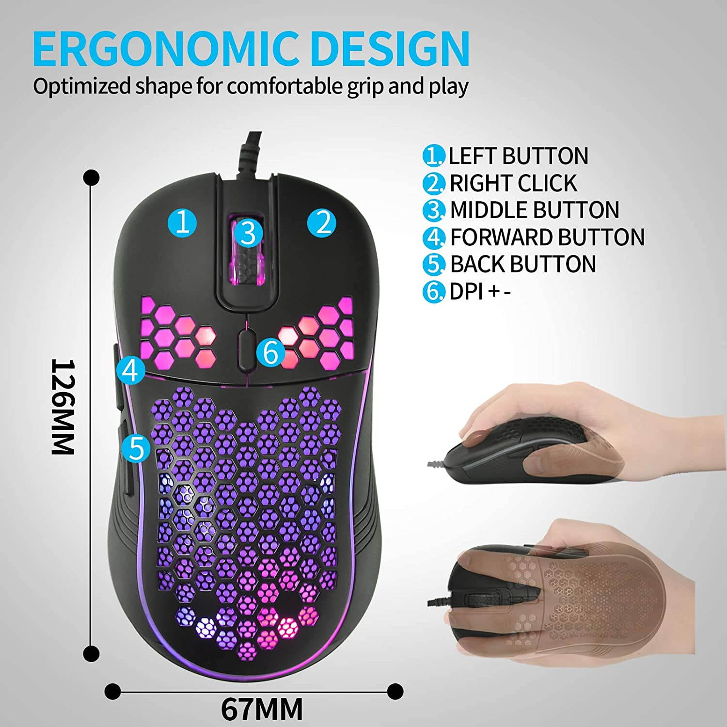 Honeycomb Wired Gaming Mouse, RGB Backlight and 7200 Adjustable DPI, Ergonomic and Lightweight USB Computer Mouse with High Precision Sensor for Windows PC & Laptop Gamers