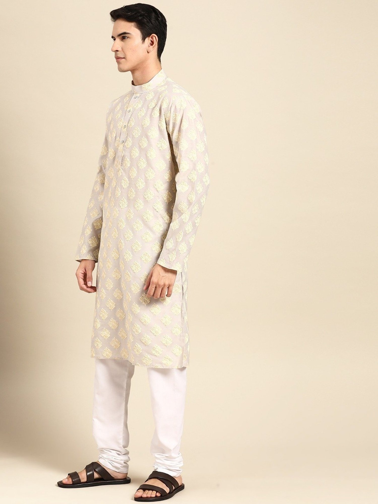 ManQ Grey Regular Fit Self Pattern Kurta
