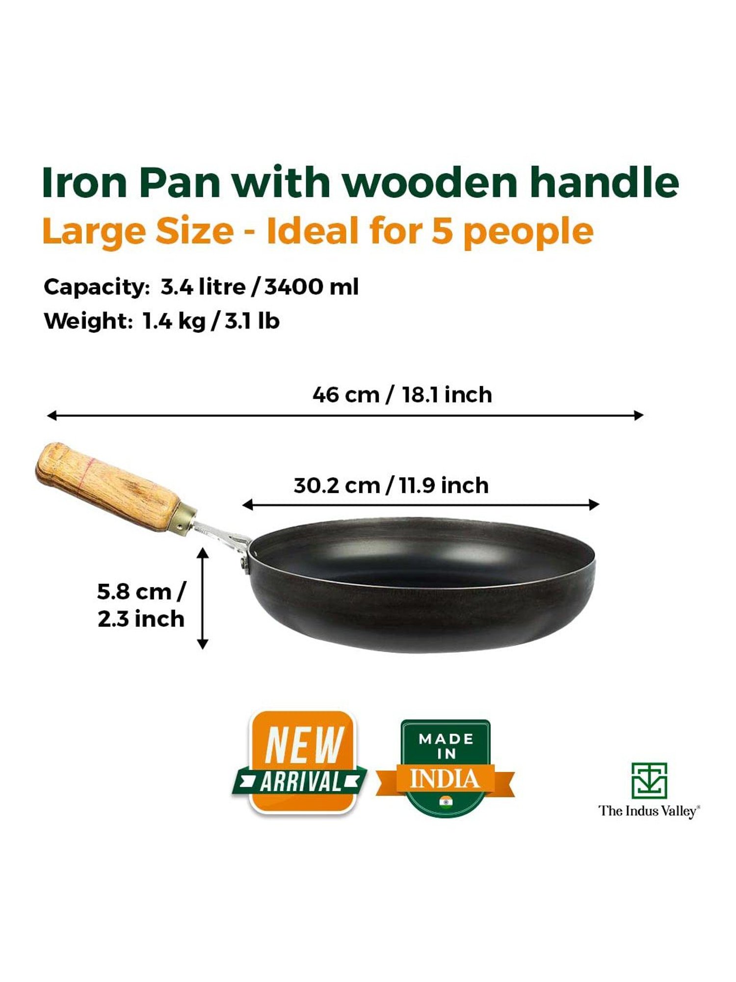 The Indus Valley Black Iron Pre Seasoned Pan with Wooden Handle 30.48cm (3.4L)
