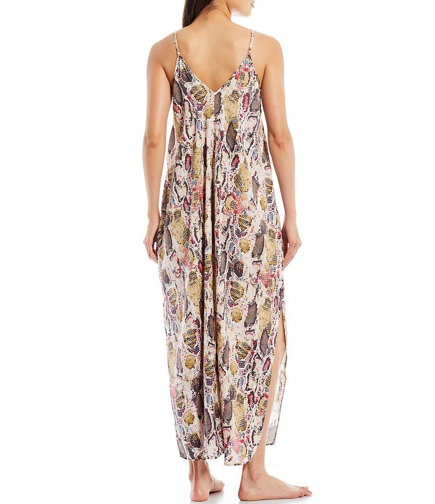 VAN WINKLE & CO. Snake Print V-Neck Sleeveless Satin Maxi Chemise