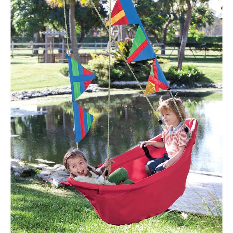 HearthSong Regatta Boat Tree Swing for Kids with Colorful Flags and Mesh Bottom, 47"L x 22"W x 13"H Holds Up To 200 lbs.