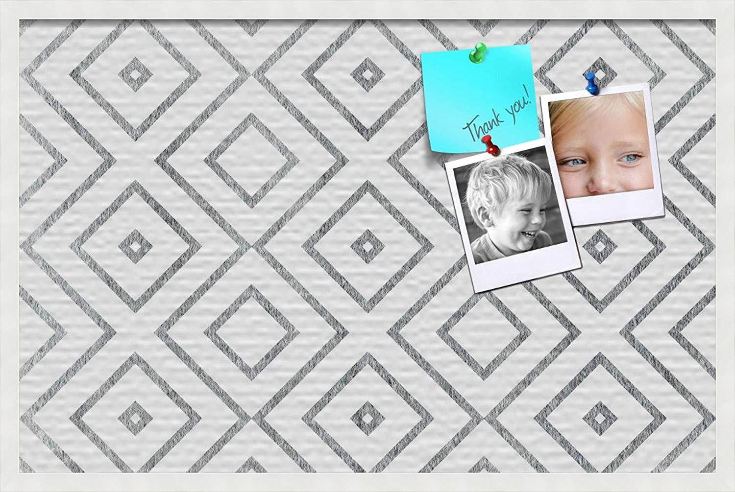 PinPix custom printed pin cork bulletin board made from canvas, Modern Deco Distressed 36x24 Inches (Completed Size) and framed in Satin White Frame (PinPix-Group-55)