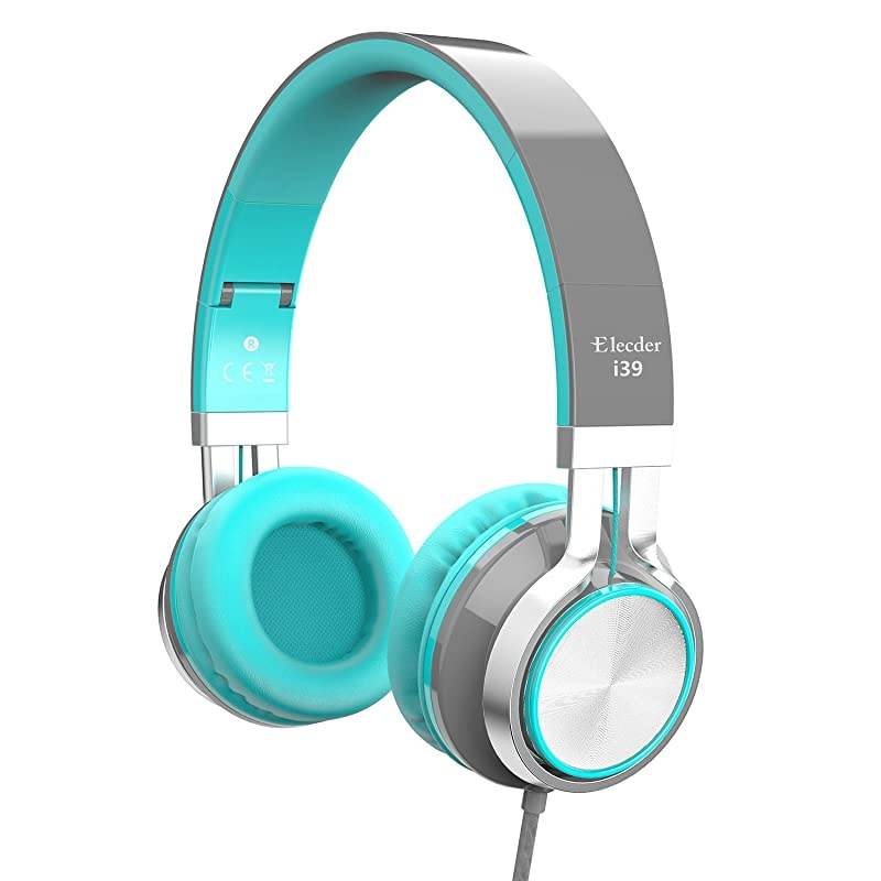 i39 Headphones with Microphone Foldable Lightweight Adjustable On Ear Headsets with 3.5mm Jack for Cellphones Computer MP3/4 Kindle School (Mint/Gray)