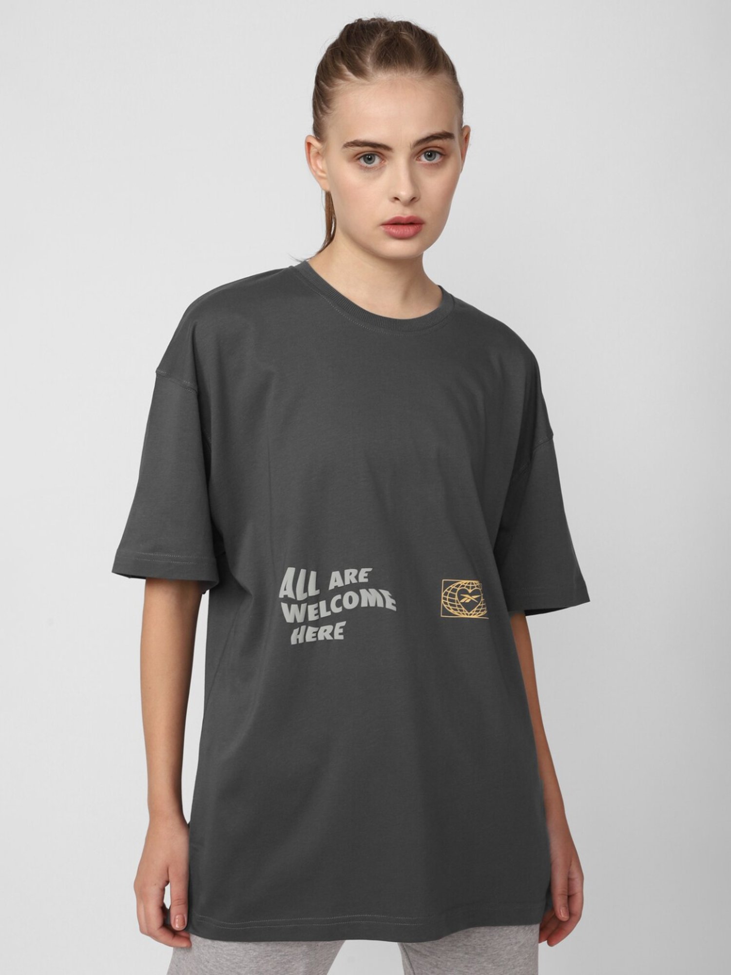 Reebok Grey Cotton Printed T-Shirt