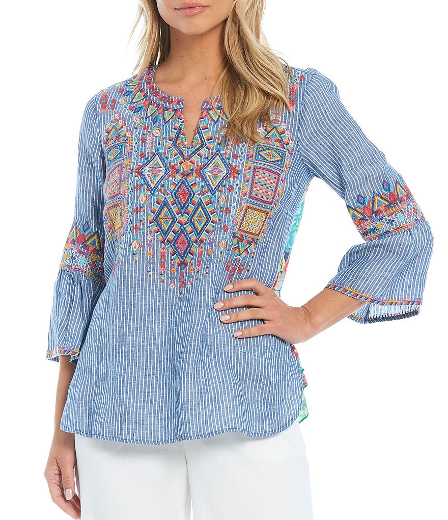 John Mark Embroidered Mixed Media Ruffle Back Tunic