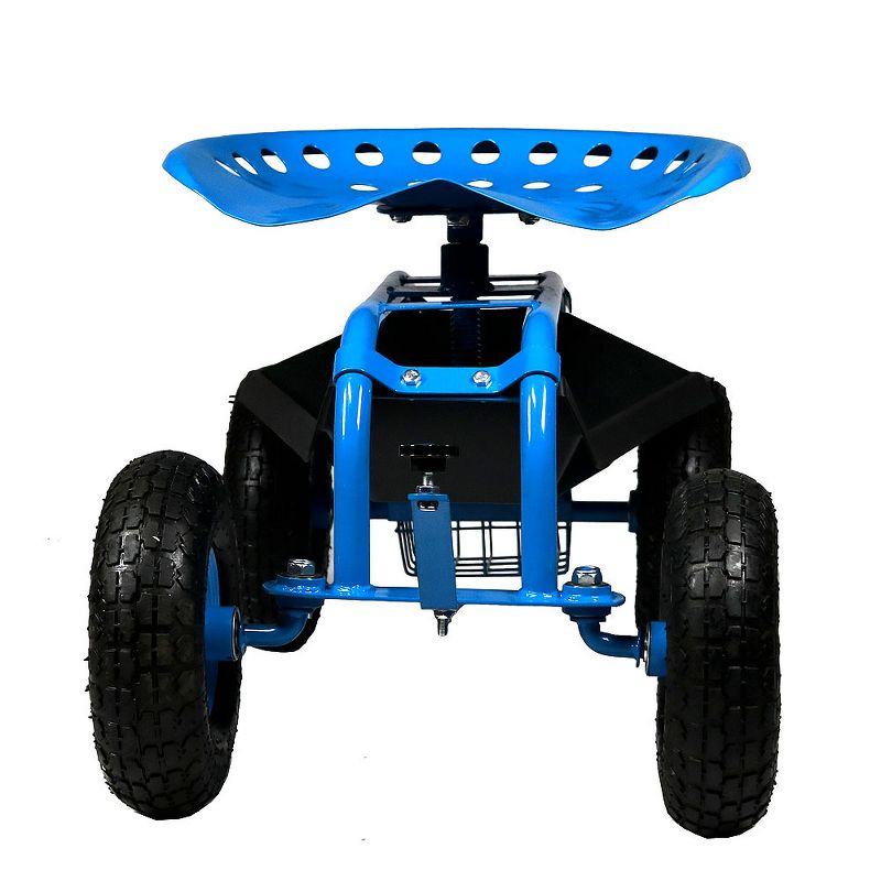 Rolling Shop Cart with Work Seat, Basket and Tray - Blue - Sunnydaze Decor