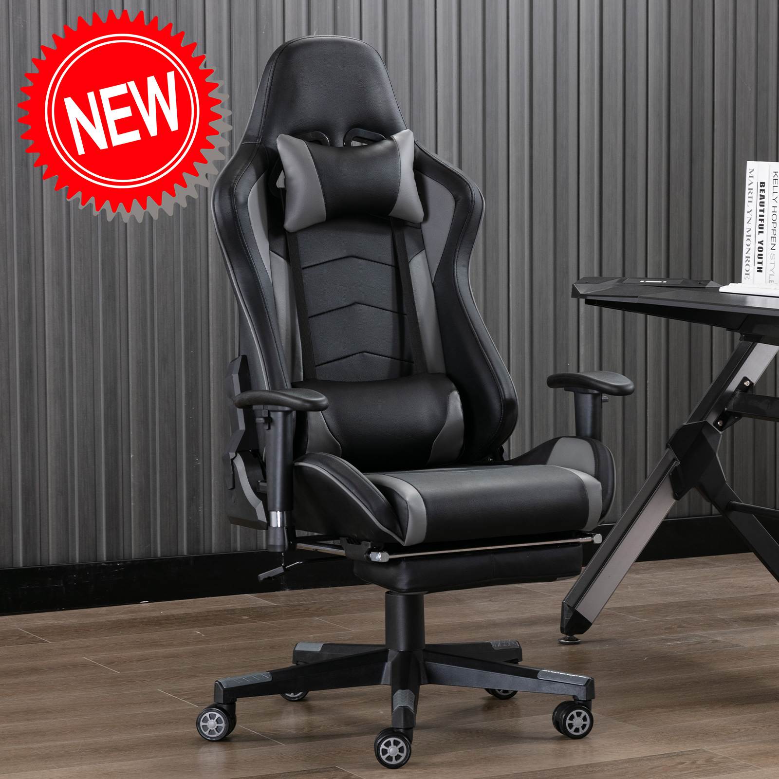 Massage Video Gaming Chair with Footrest Headrest, High Back PU Leather Ergonomic Swivel Computer Desk Chairs for Adults, Racing Style Game Chair