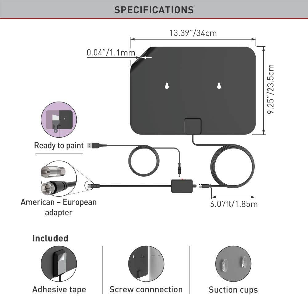 Barkan HDTV Amplified Wall/Glass Mounted Ultra-Thin Indoor Antenna Full HD USB Powered 360 Degree Reception Black 2 Year Warranty (AU60A)