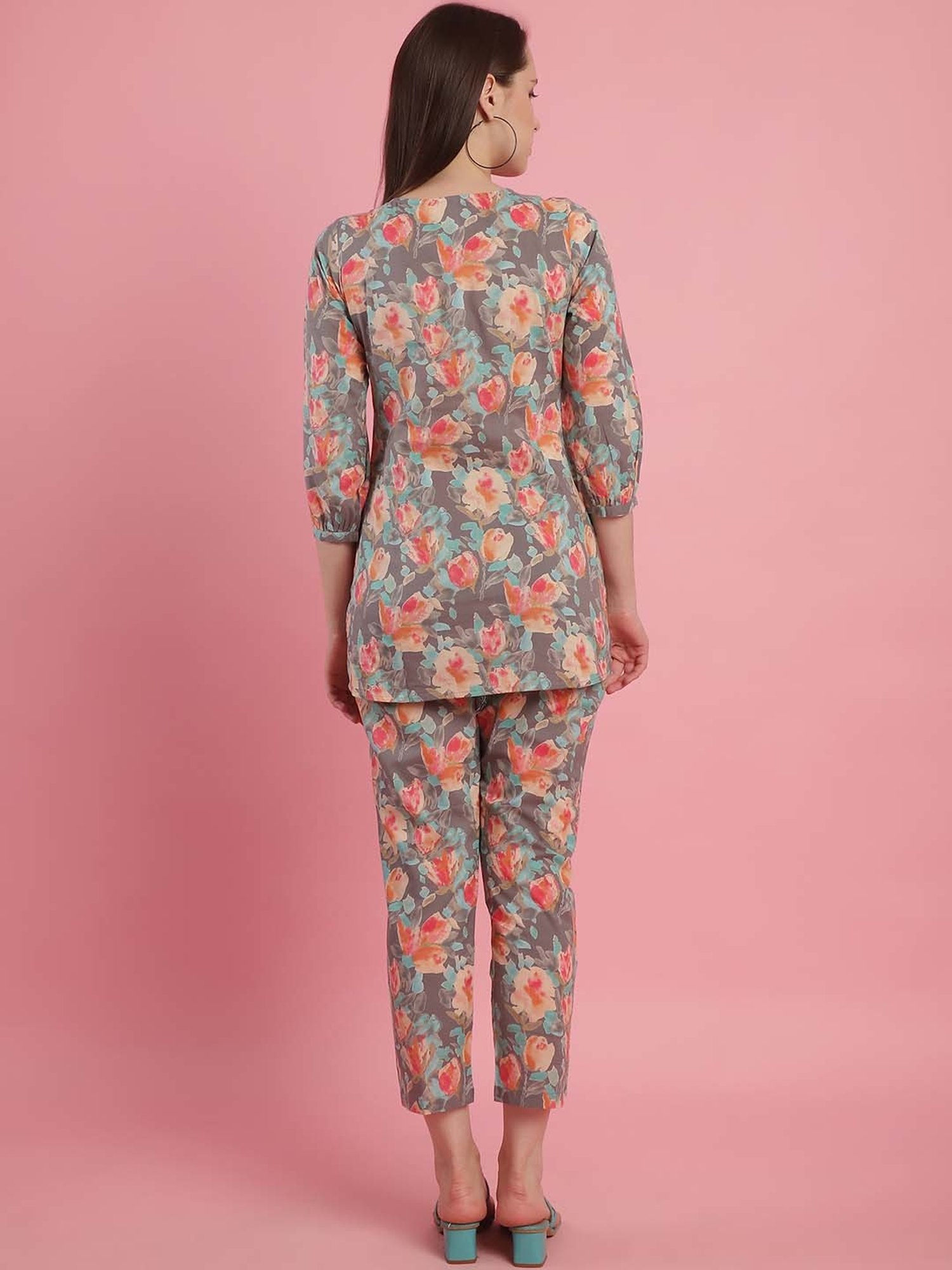 Prakrti Grey Cotton Floral Print Top Pant Set